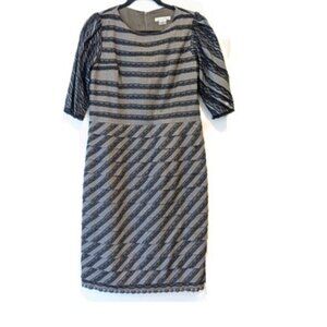 Oscar de la Renta Wool Sheath Layered Dress Black and Gray Lace Edge Italy Sz 12